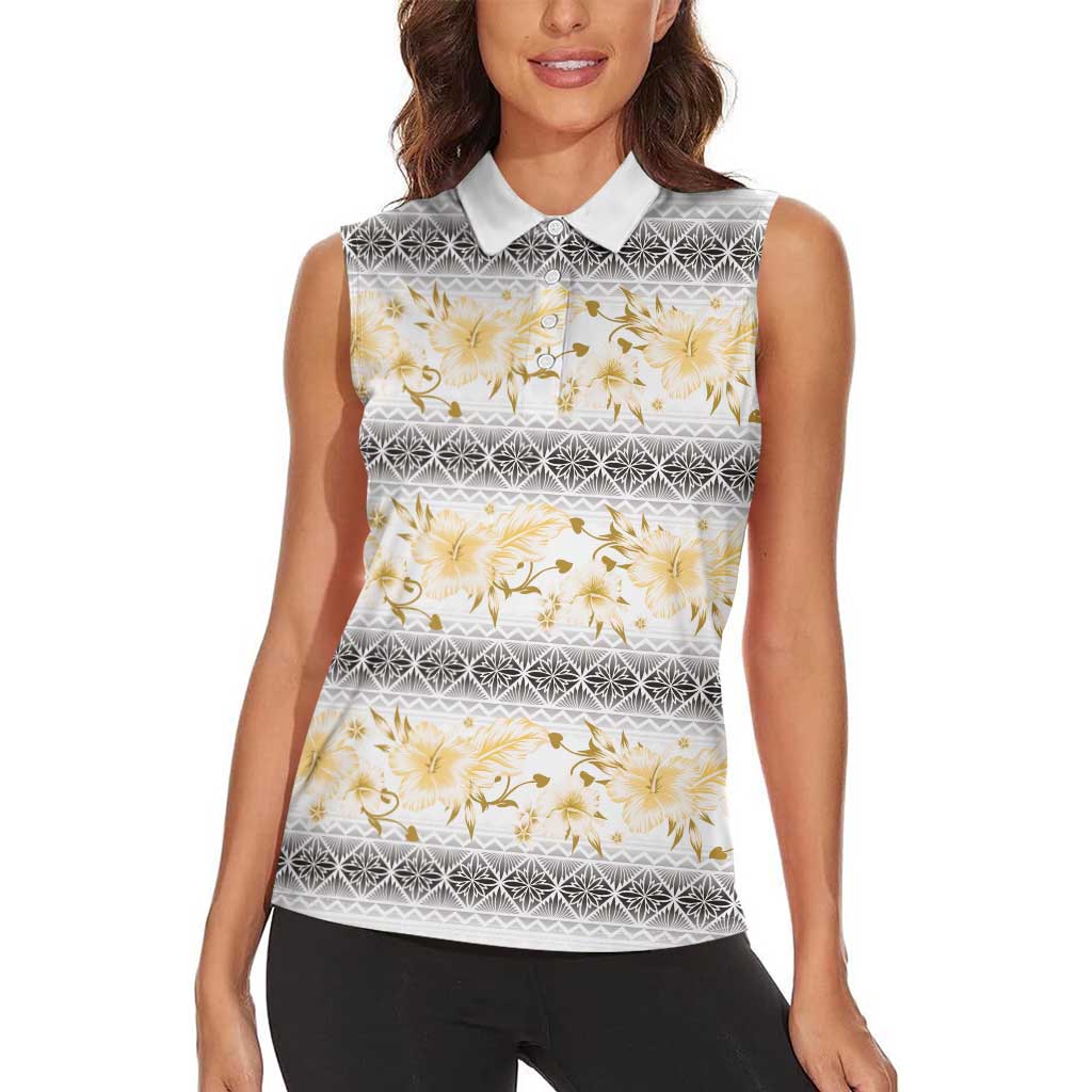 Samoa White Sunday Women Sleeveless Polo Shirt Samoan Tapa Yellow Hibiscus - Polynesian Pride