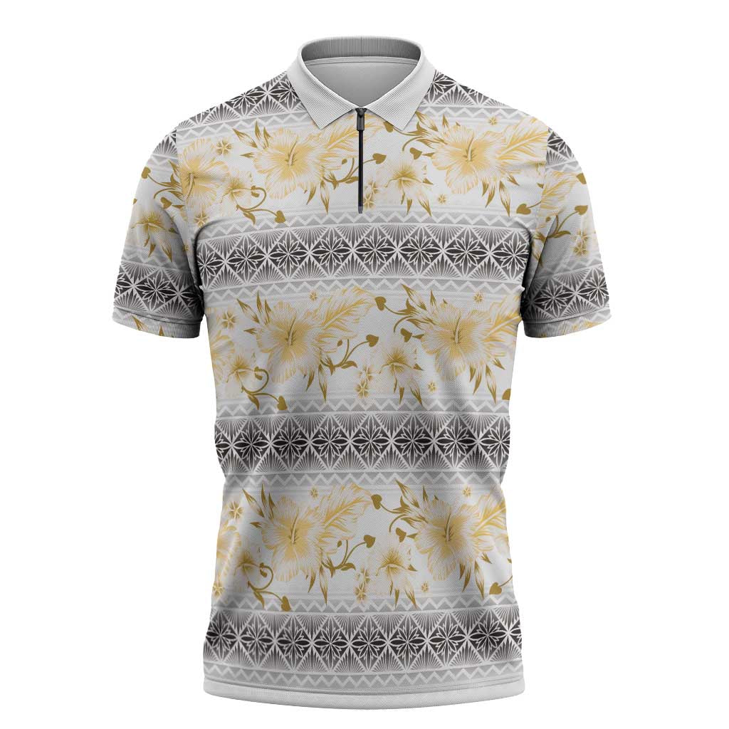 Samoa White Sunday Zipper Polo Shirt Samoan Tapa Yellow Hibiscus - Polynesian Pride