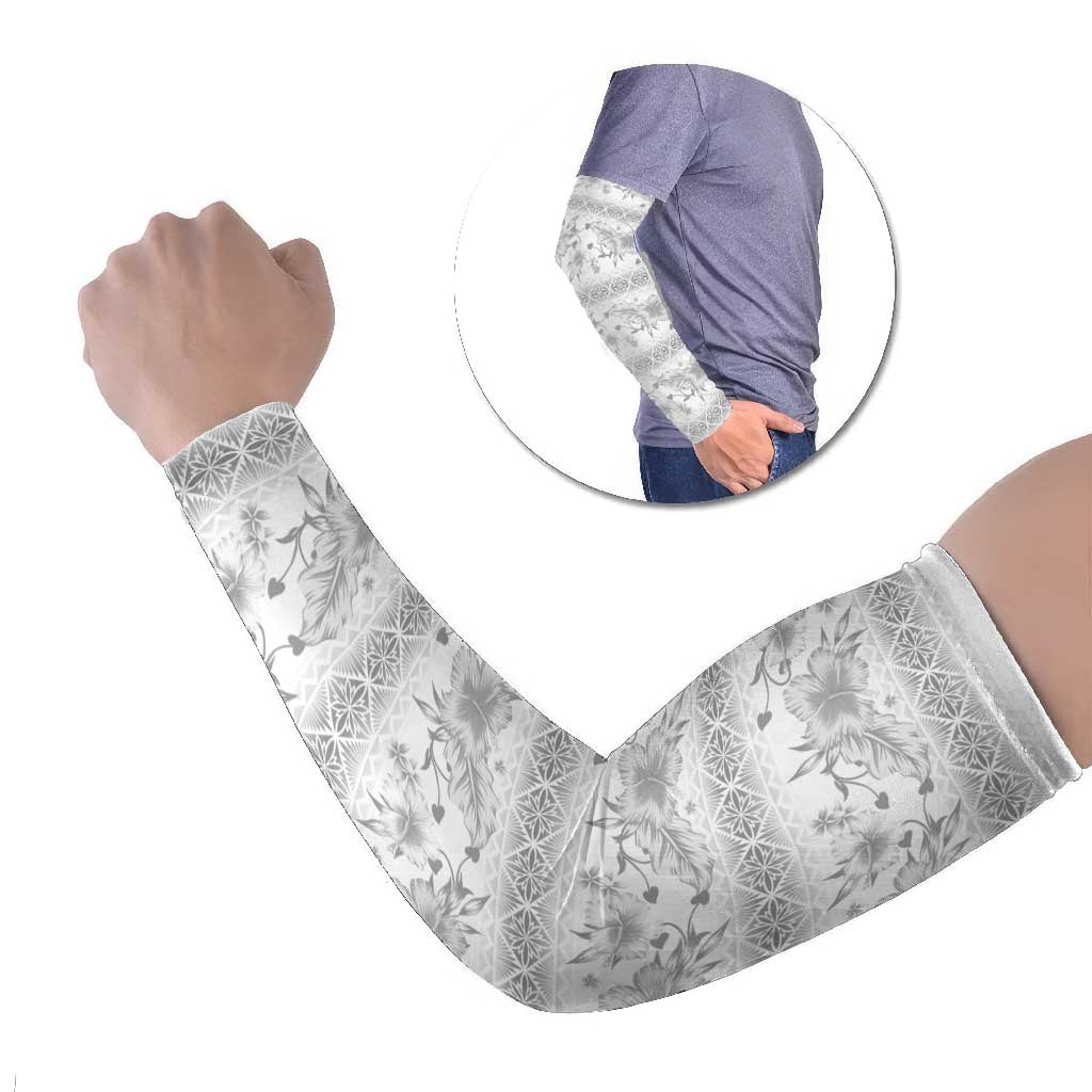 Samoa White Sunday Arm Sleeves Samoan Tapa White Hibiscus LT05 Set of 2 White - Polynesian Pride