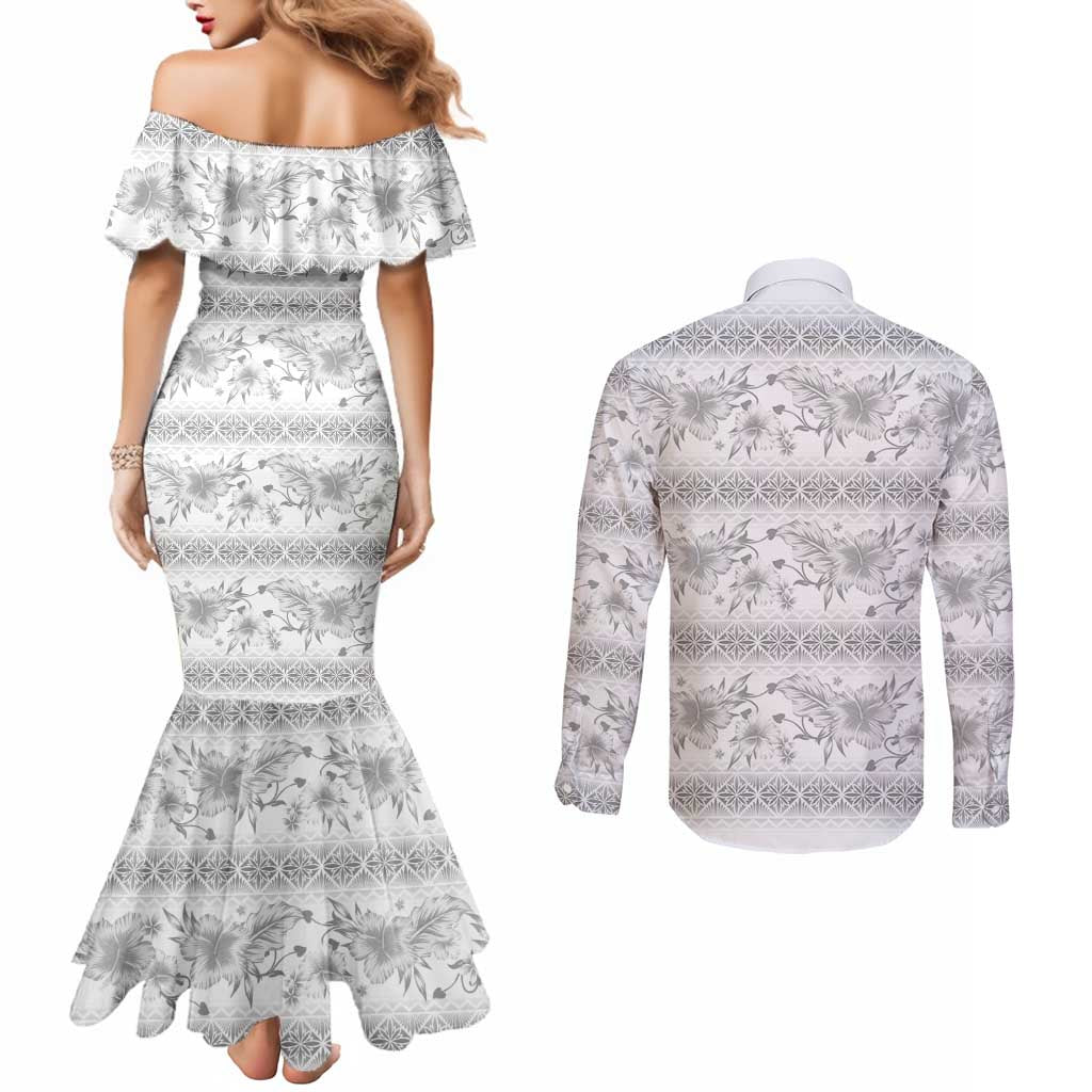 Samoa White Sunday Couples Matching Mermaid Dress and Long Sleeve Button Shirt Samoan Tapa White Hibiscus - Polynesian Pride