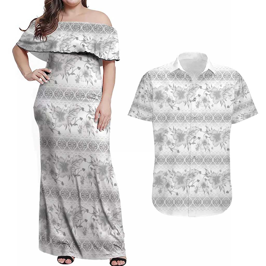 Samoa White Sunday Couples Matching Off Shoulder Maxi Dress and Hawaiian Shirt Samoan Tapa White Hibiscus - Polynesian Pride