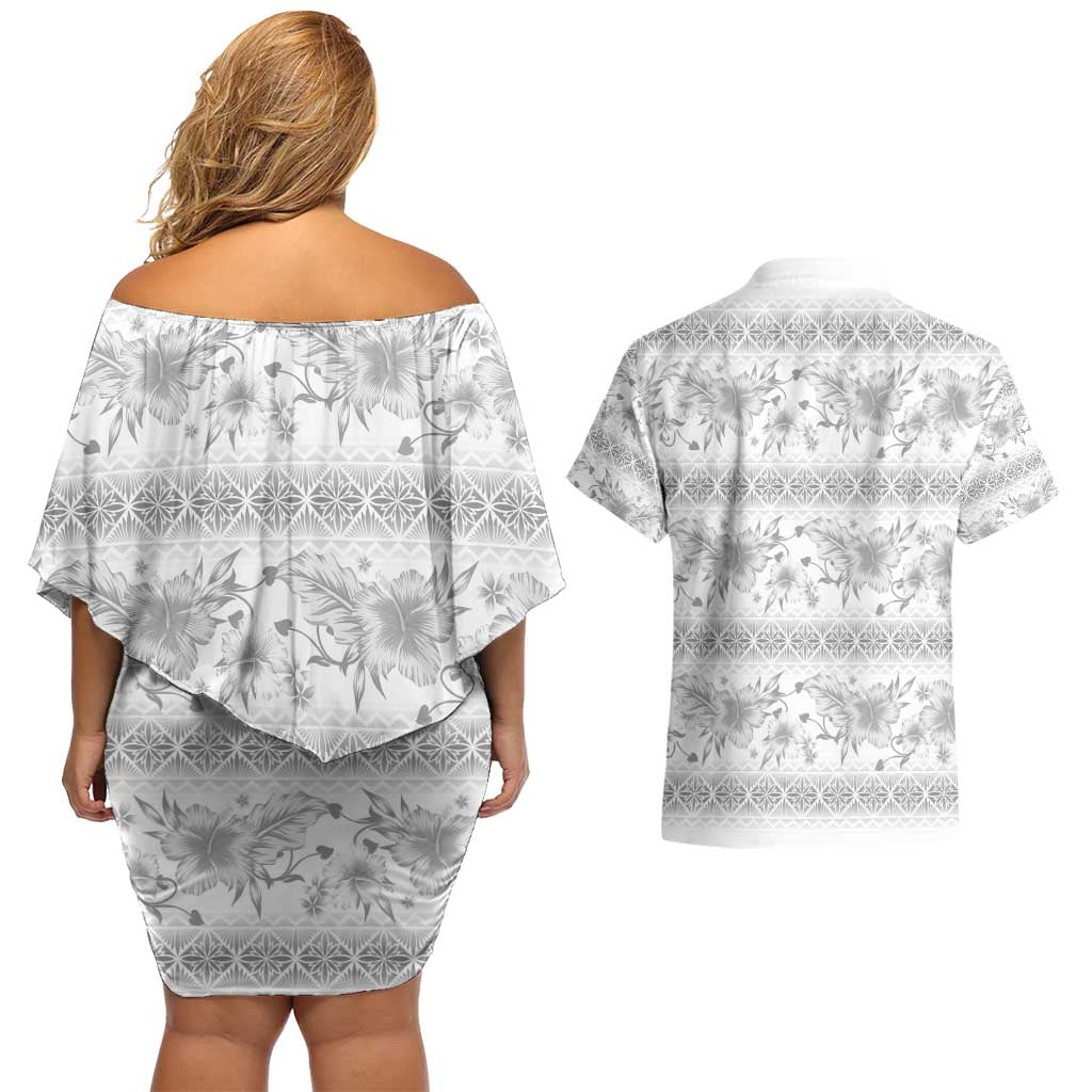 Samoa White Sunday Couples Matching Off Shoulder Short Dress and Hawaiian Shirt Samoan Tapa White Hibiscus - Polynesian Pride