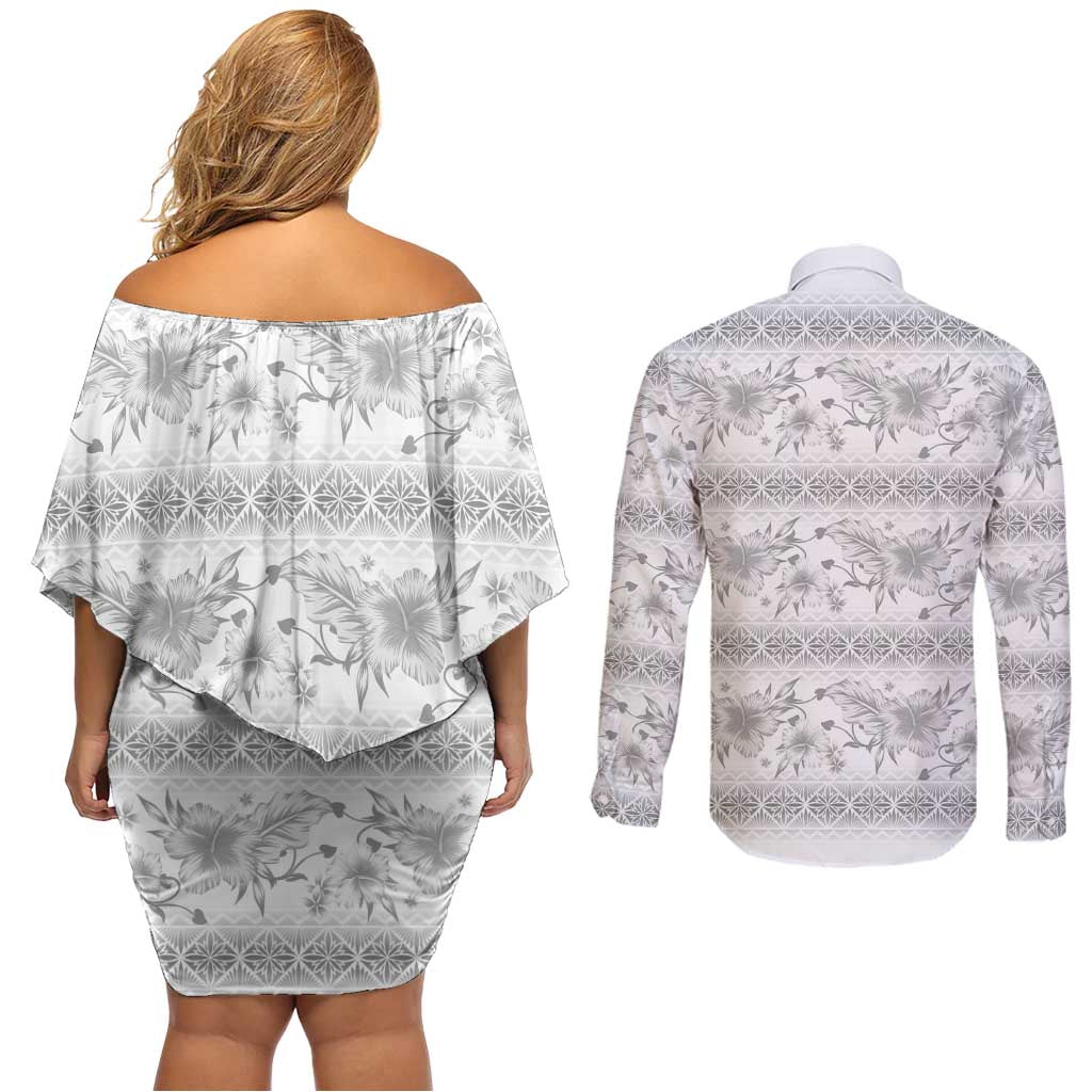 Samoa White Sunday Couples Matching Off Shoulder Short Dress and Long Sleeve Button Shirt Samoan Tapa White Hibiscus - Polynesian Pride