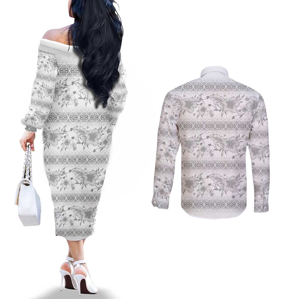 Samoa White Sunday Couples Matching Off The Shoulder Long Sleeve Dress and Long Sleeve Button Shirt Samoan Tapa White Hibiscus - Polynesian Pride