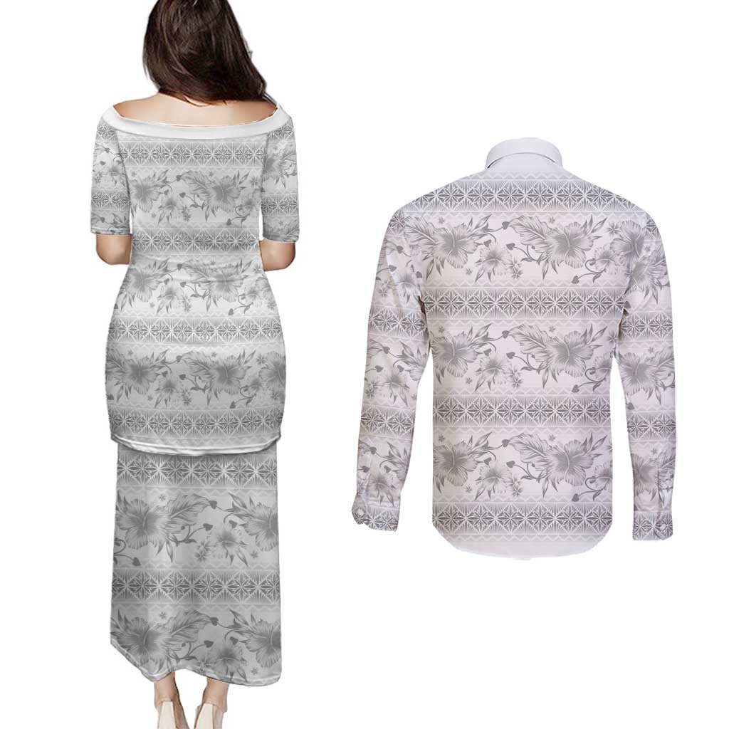 Samoa White Sunday Couples Matching Puletasi and Long Sleeve Button Shirt Samoan Tapa White Hibiscus - Polynesian Pride