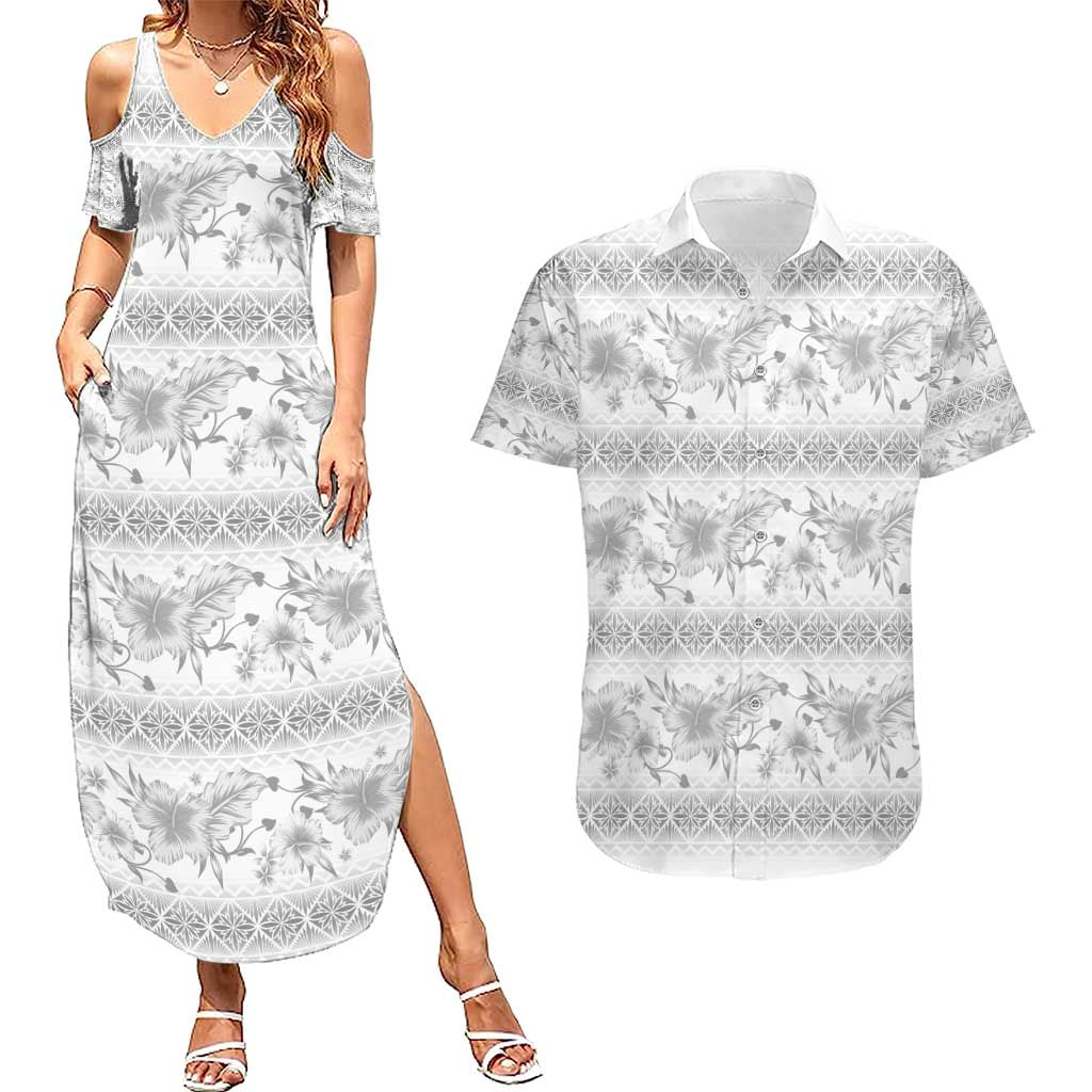Samoa White Sunday Couples Matching Summer Maxi Dress and Hawaiian Shirt Samoan Tapa White Hibiscus - Polynesian Pride