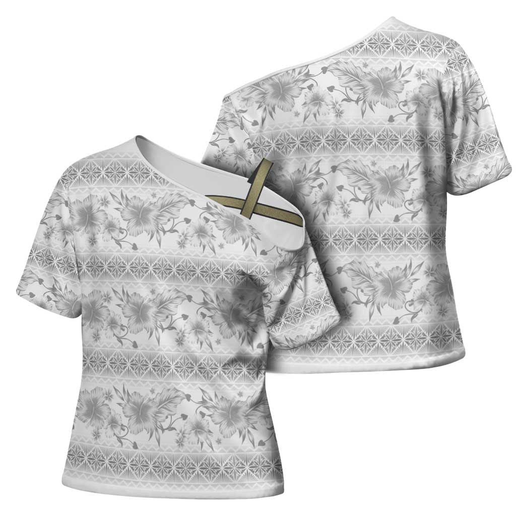 Samoa White Sunday Cross Shoulder Shirt Samoan Tapa White Hibiscus LT05 - Polynesian Pride