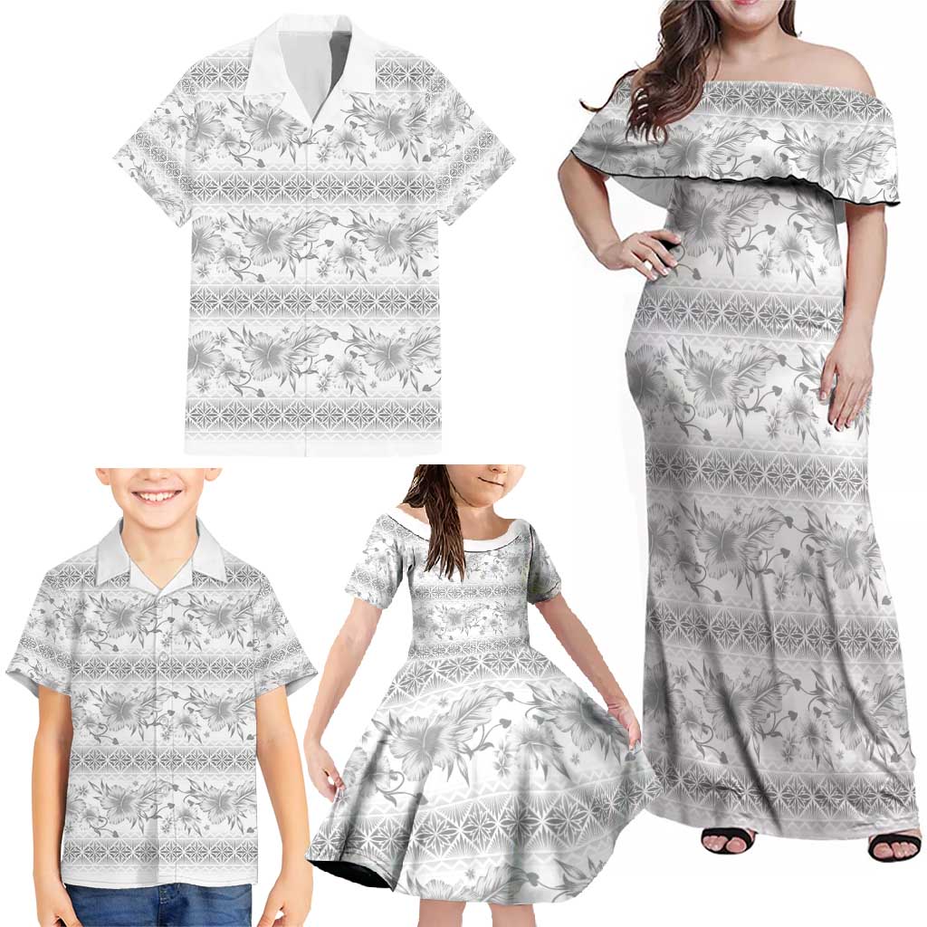 Samoa White Sunday Family Matching Off Shoulder Maxi Dress and Hawaiian Shirt Samoan Tapa White Hibiscus - Polynesian Pride