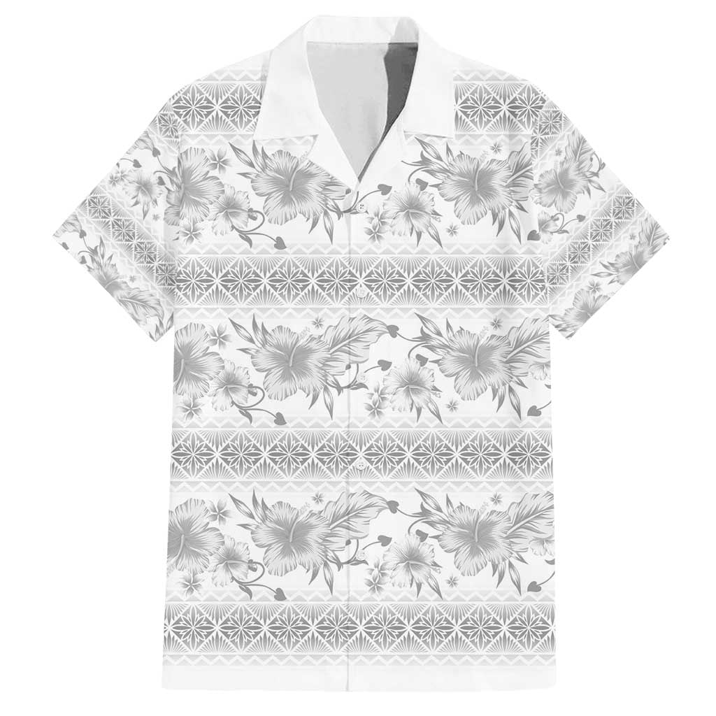 Samoa White Sunday Family Matching Off Shoulder Short Dress and Hawaiian Shirt Samoan Tapa White Hibiscus - Polynesian Pride