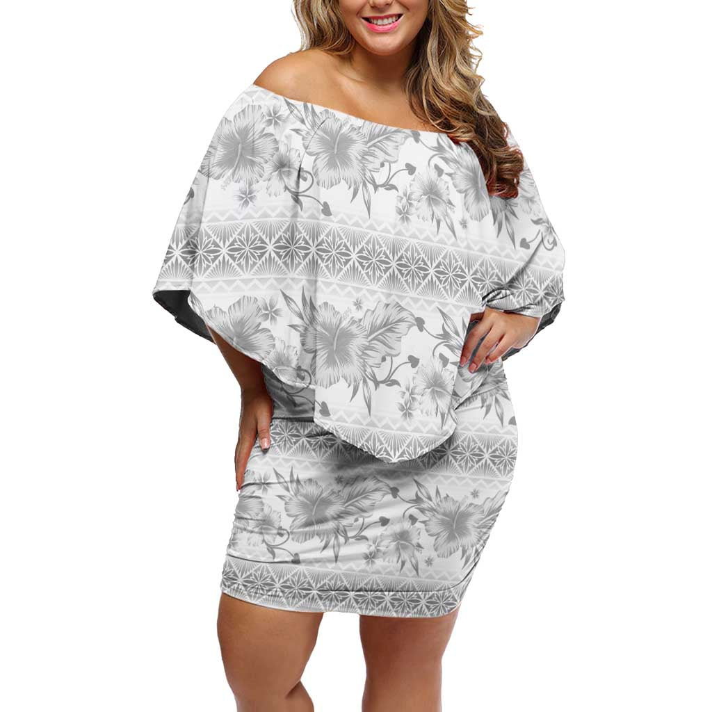Samoa White Sunday Family Matching Off Shoulder Short Dress and Hawaiian Shirt Samoan Tapa White Hibiscus - Polynesian Pride