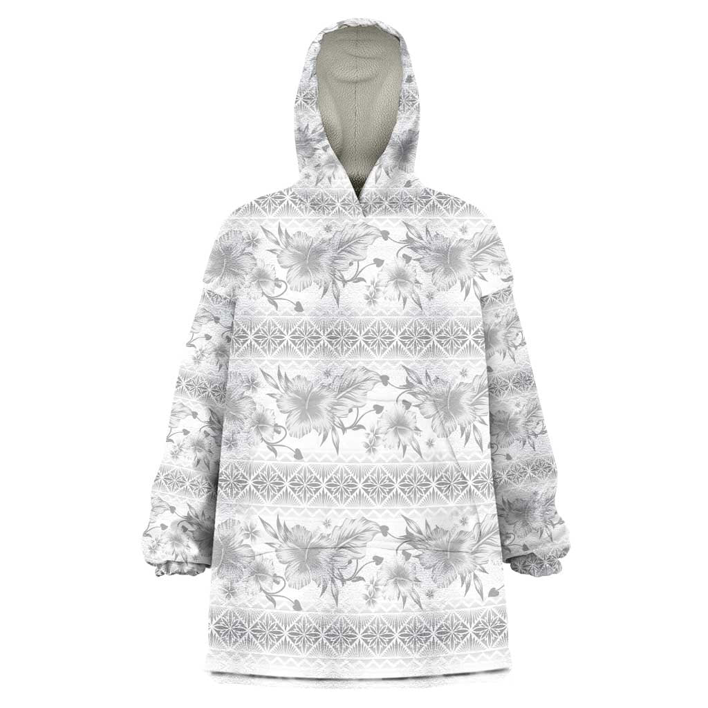 Samoa White Sunday Wearable Blanket Hoodie Samoan Tapa White Hibiscus - Polynesian Pride