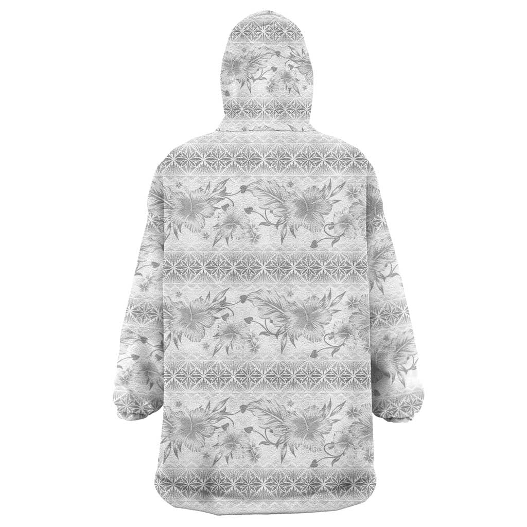 Samoa White Sunday Wearable Blanket Hoodie Samoan Tapa White Hibiscus - Polynesian Pride