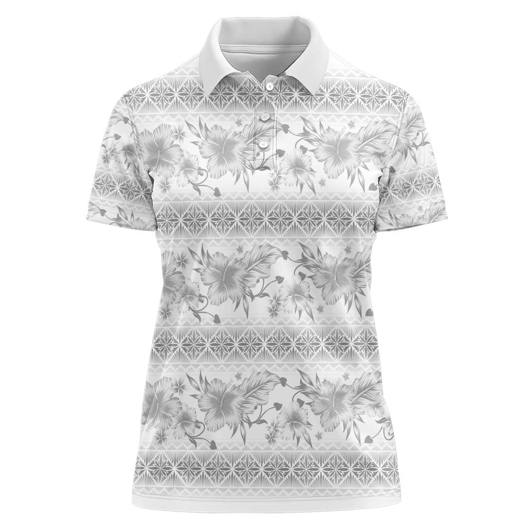 Samoa White Sunday Women Polo Shirt Samoan Tapa White Hibiscus - Polynesian Pride