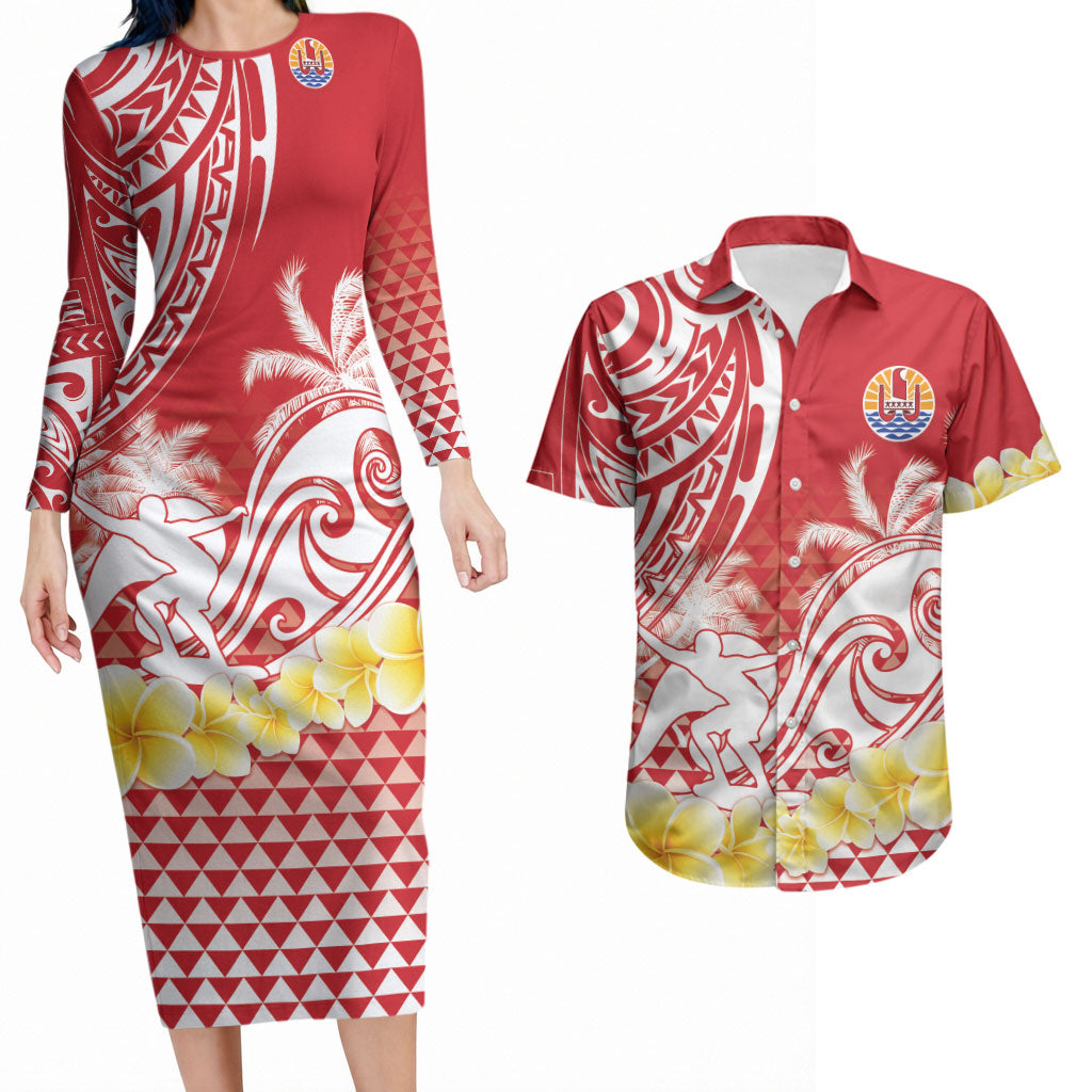Personalised Tahiti Surfing Couples Matching Long Sleeve Bodycon Dress and Hawaiian Shirt Polynesian Style