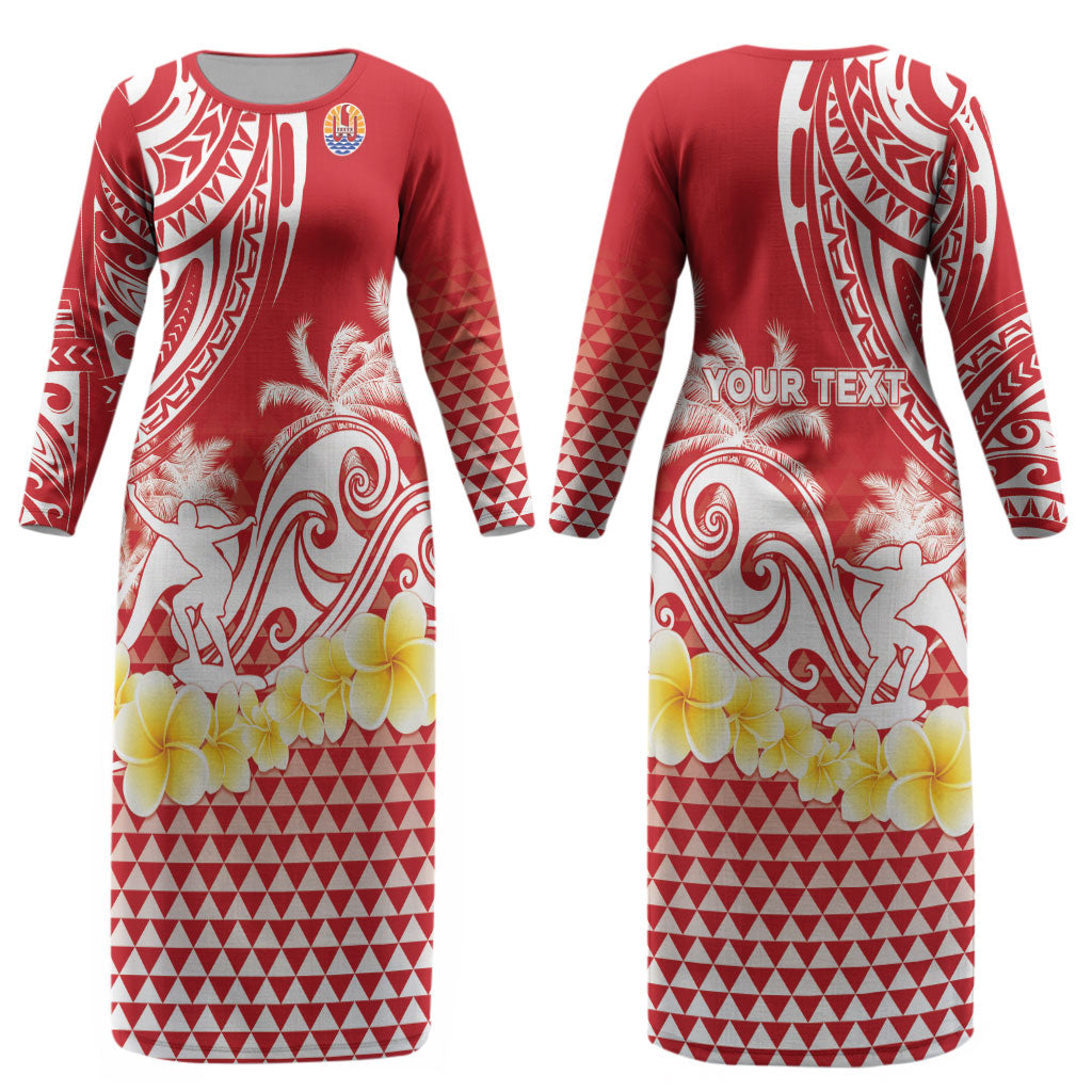Personalised Tahiti Surfing Couples Matching Long Sleeve Bodycon Dress and Hawaiian Shirt Polynesian Style