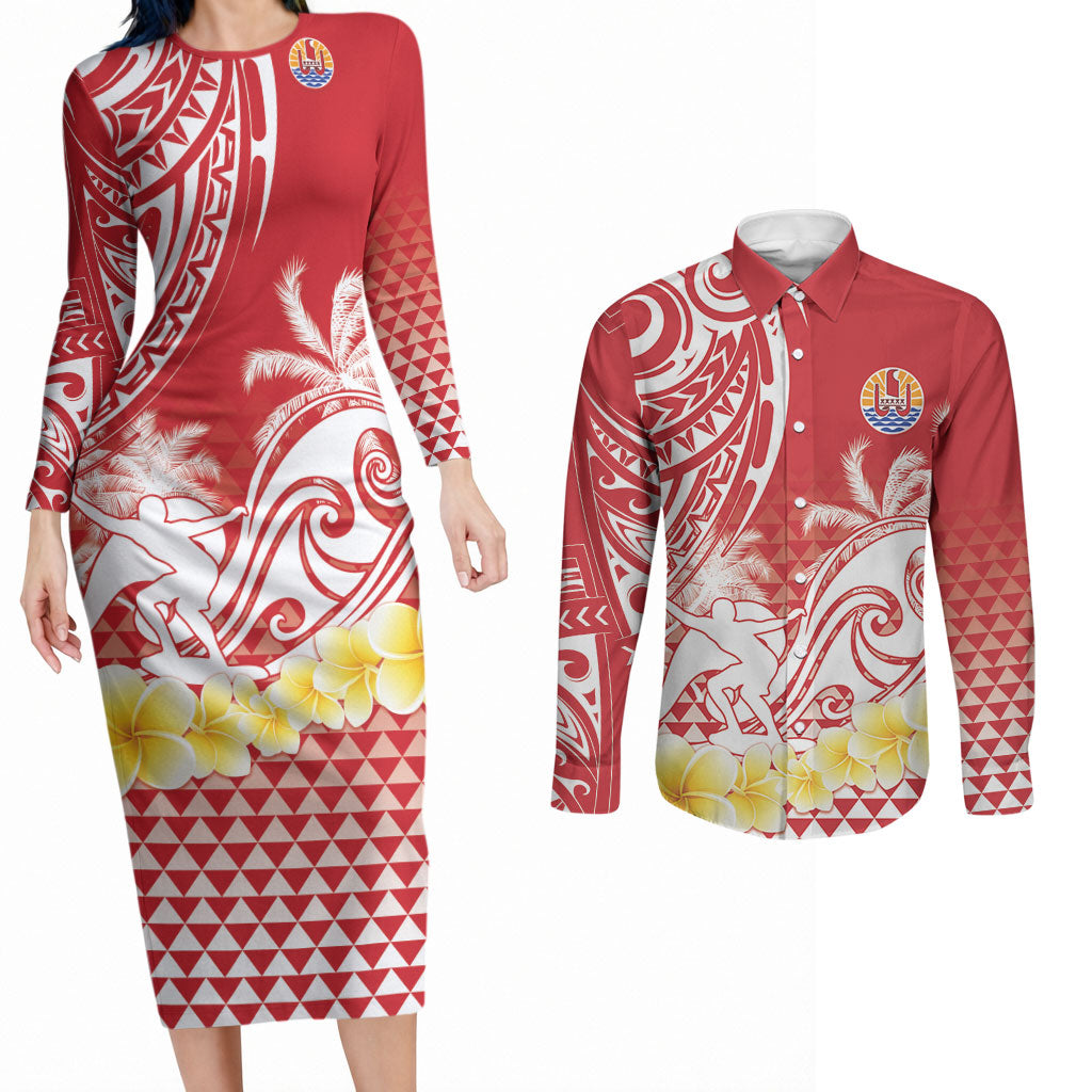 Personalised Tahiti Surfing Couples Matching Long Sleeve Bodycon Dress and Long Sleeve Button Shirt Polynesian Style