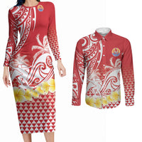 Personalised Tahiti Surfing Couples Matching Long Sleeve Bodycon Dress and Long Sleeve Button Shirt Polynesian Style