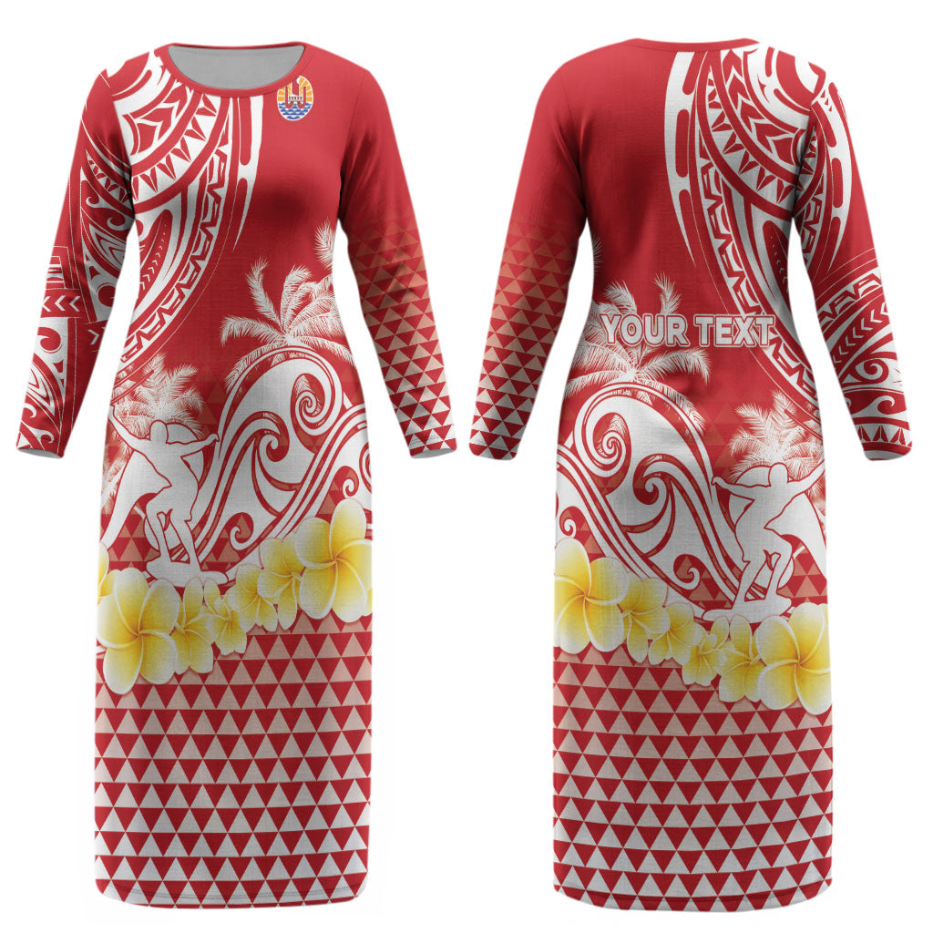 Personalised Tahiti Surfing Couples Matching Long Sleeve Bodycon Dress and Long Sleeve Button Shirt Polynesian Style