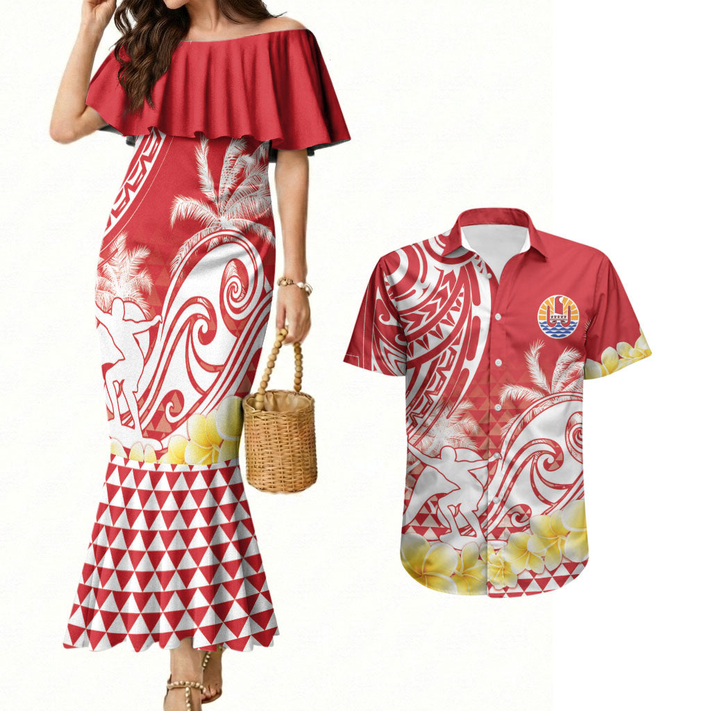Personalised Tahiti Surfing Couples Matching Mermaid Dress and Hawaiian Shirt Polynesian Style