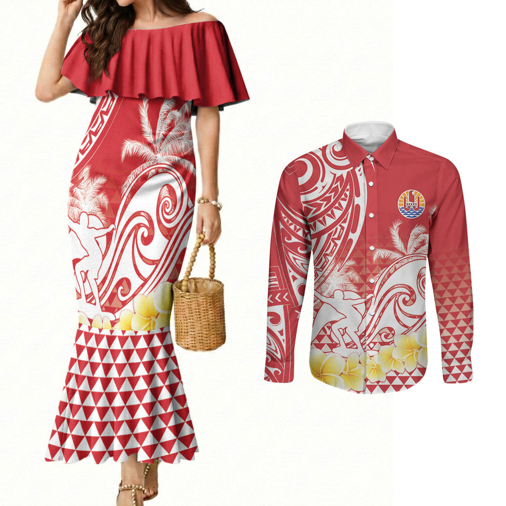 Personalised Tahiti Surfing Couples Matching Mermaid Dress and Long Sleeve Button Shirt Polynesian Style