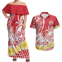 Personalised Tahiti Surfing Couples Matching Off Shoulder Maxi Dress and Hawaiian Shirt Polynesian Style