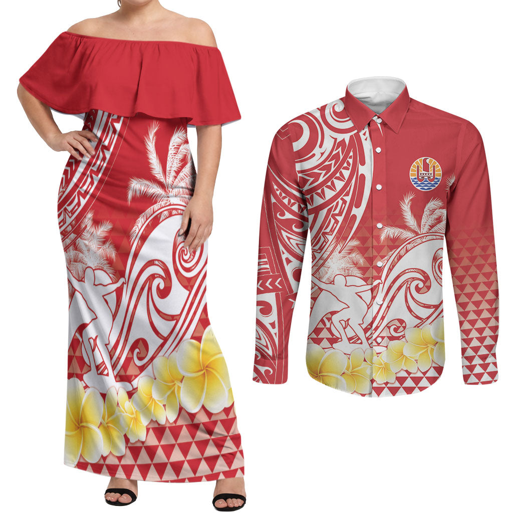 Personalised Tahiti Surfing Couples Matching Off Shoulder Maxi Dress and Long Sleeve Button Shirt Polynesian Style