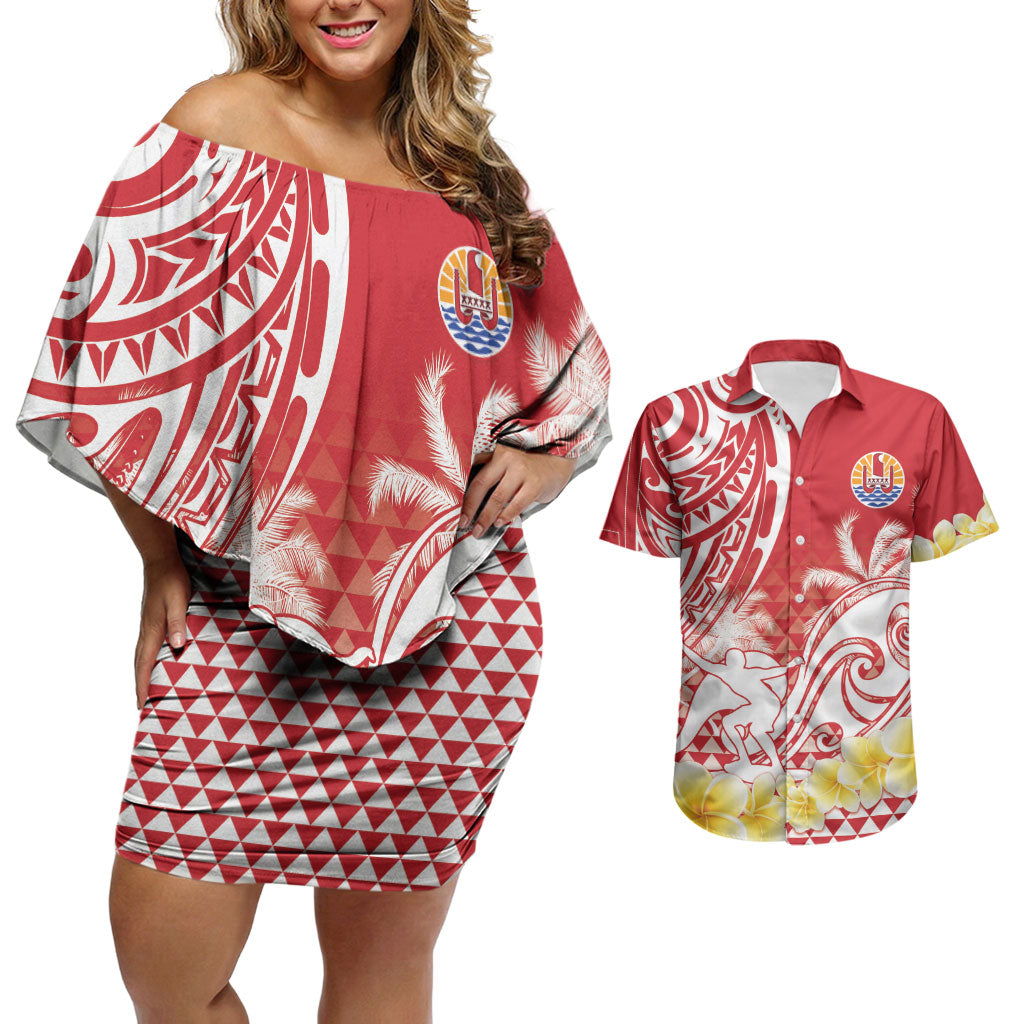 Personalised Tahiti Surfing Couples Matching Off Shoulder Short Dress and Hawaiian Shirt Polynesian Style