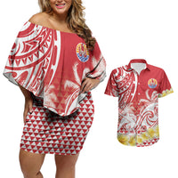 Personalised Tahiti Surfing Couples Matching Off Shoulder Short Dress and Hawaiian Shirt Polynesian Style