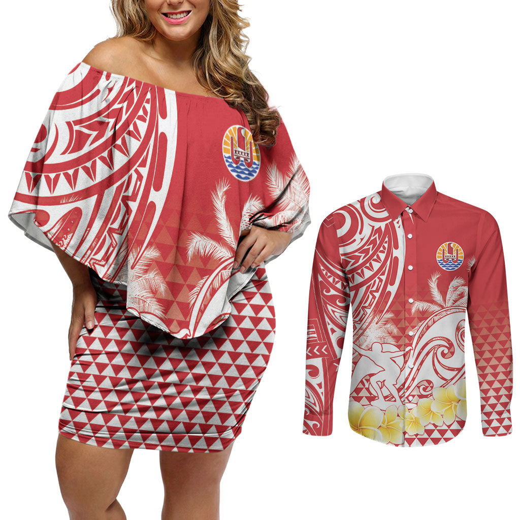 Personalised Tahiti Surfing Couples Matching Off Shoulder Short Dress and Long Sleeve Button Shirt Polynesian Style