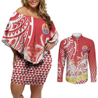 Personalised Tahiti Surfing Couples Matching Off Shoulder Short Dress and Long Sleeve Button Shirt Polynesian Style
