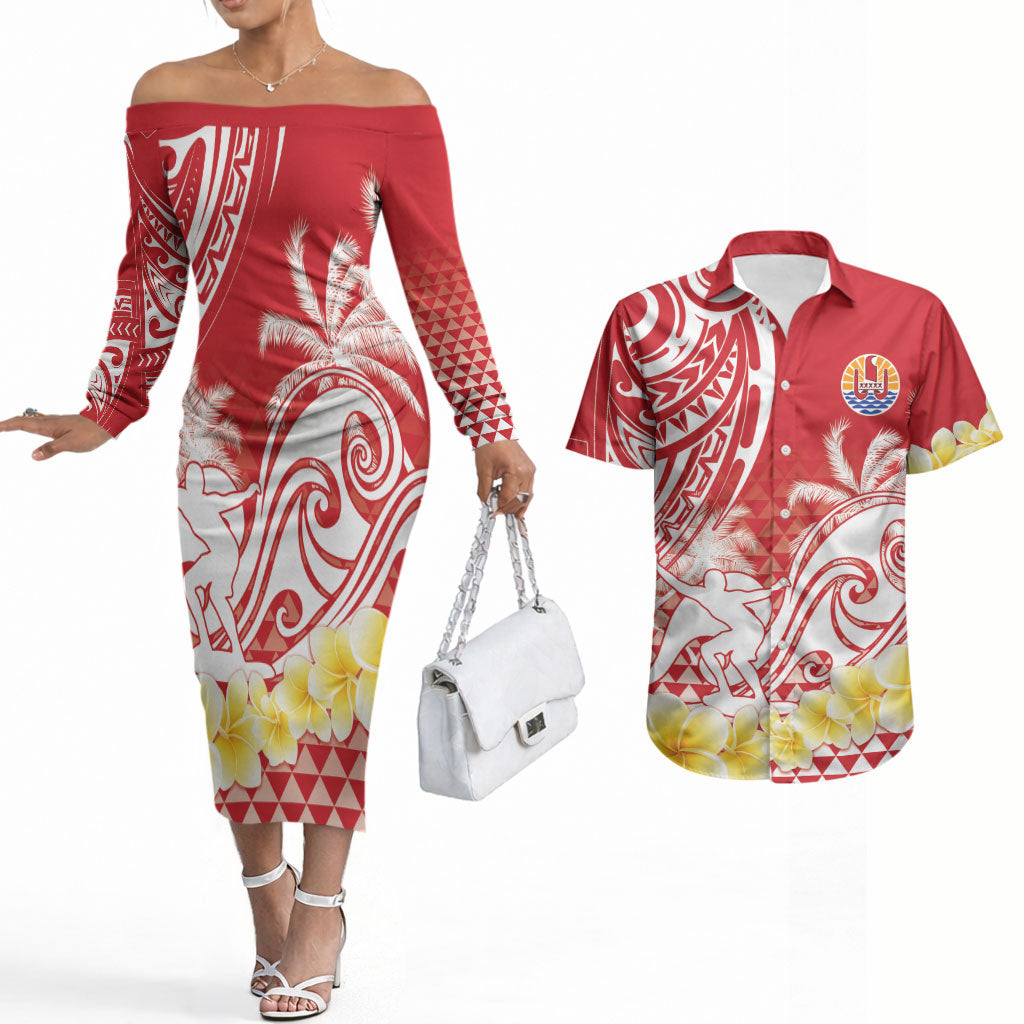 Personalised Tahiti Surfing Couples Matching Off The Shoulder Long Sleeve Dress and Hawaiian Shirt Polynesian Style