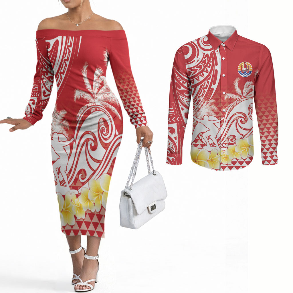 Personalised Tahiti Surfing Couples Matching Off The Shoulder Long Sleeve Dress and Long Sleeve Button Shirt Polynesian Style