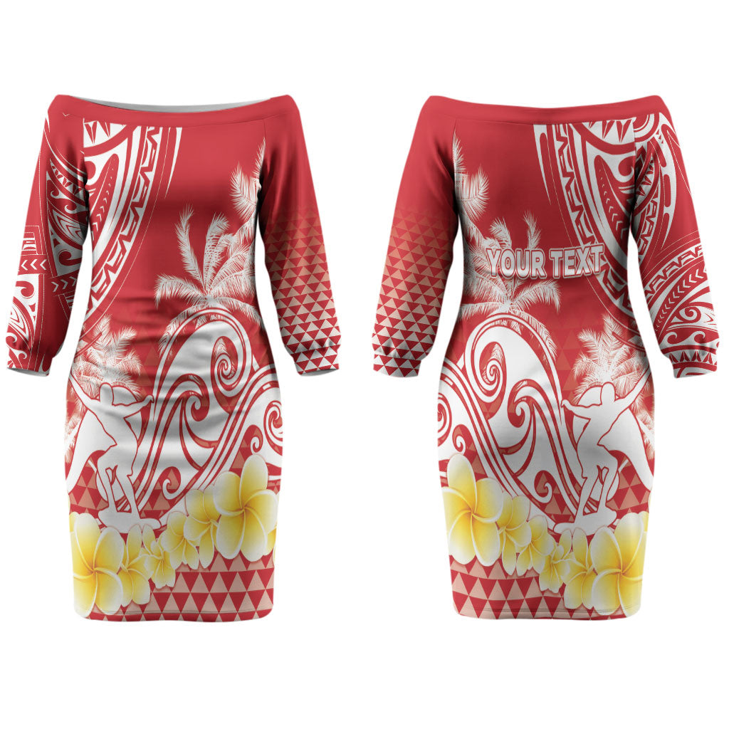 Personalised Tahiti Surfing Couples Matching Off The Shoulder Long Sleeve Dress and Long Sleeve Button Shirt Polynesian Style