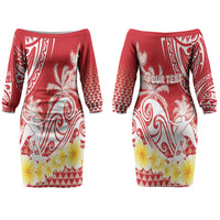 Personalised Tahiti Surfing Couples Matching Off The Shoulder Long Sleeve Dress and Long Sleeve Button Shirt Polynesian Style