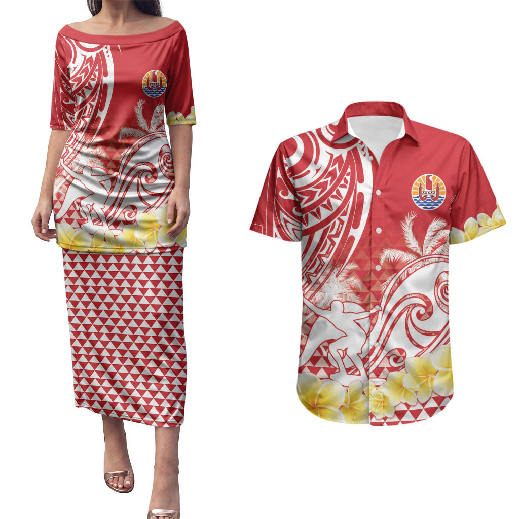 Personalised Tahiti Surfing Couples Matching Puletasi and Hawaiian Shirt Polynesian Style