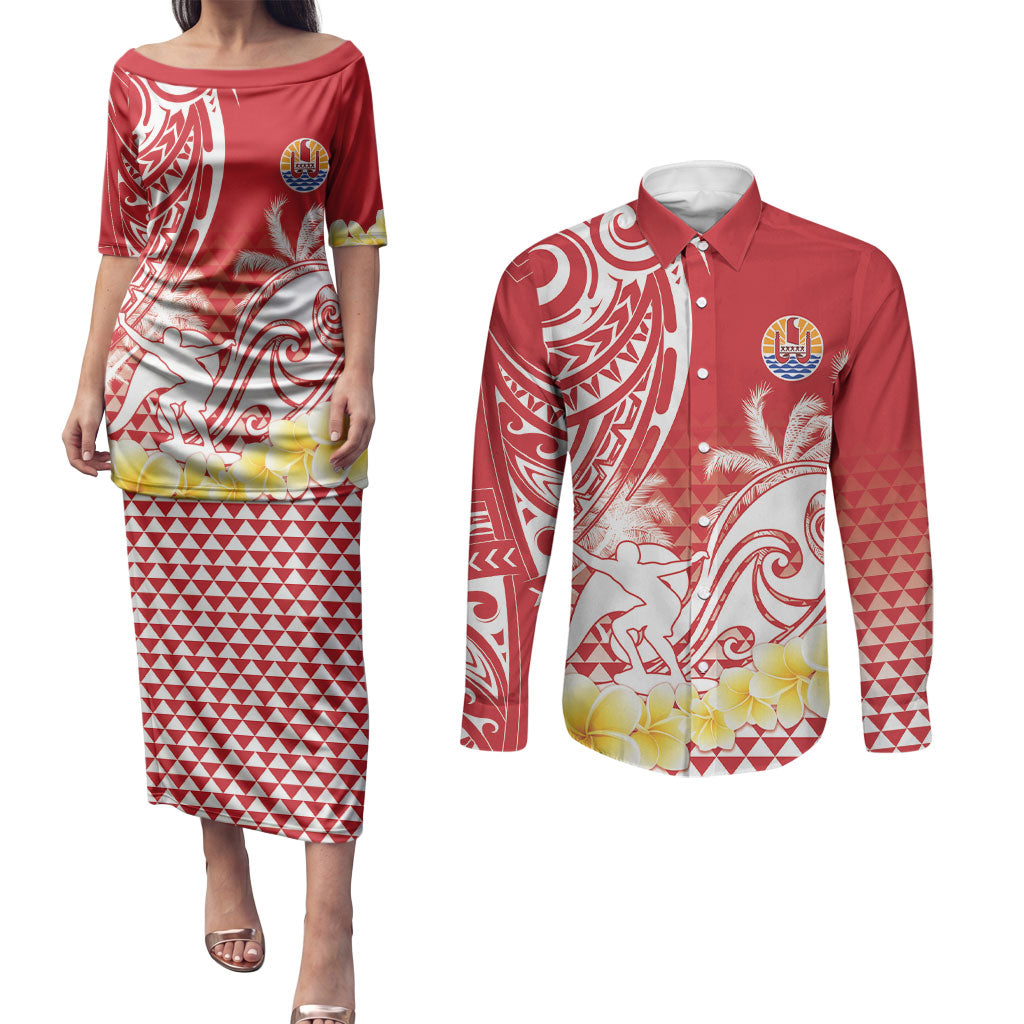 Personalised Tahiti Surfing Couples Matching Puletasi and Long Sleeve Button Shirt Polynesian Style