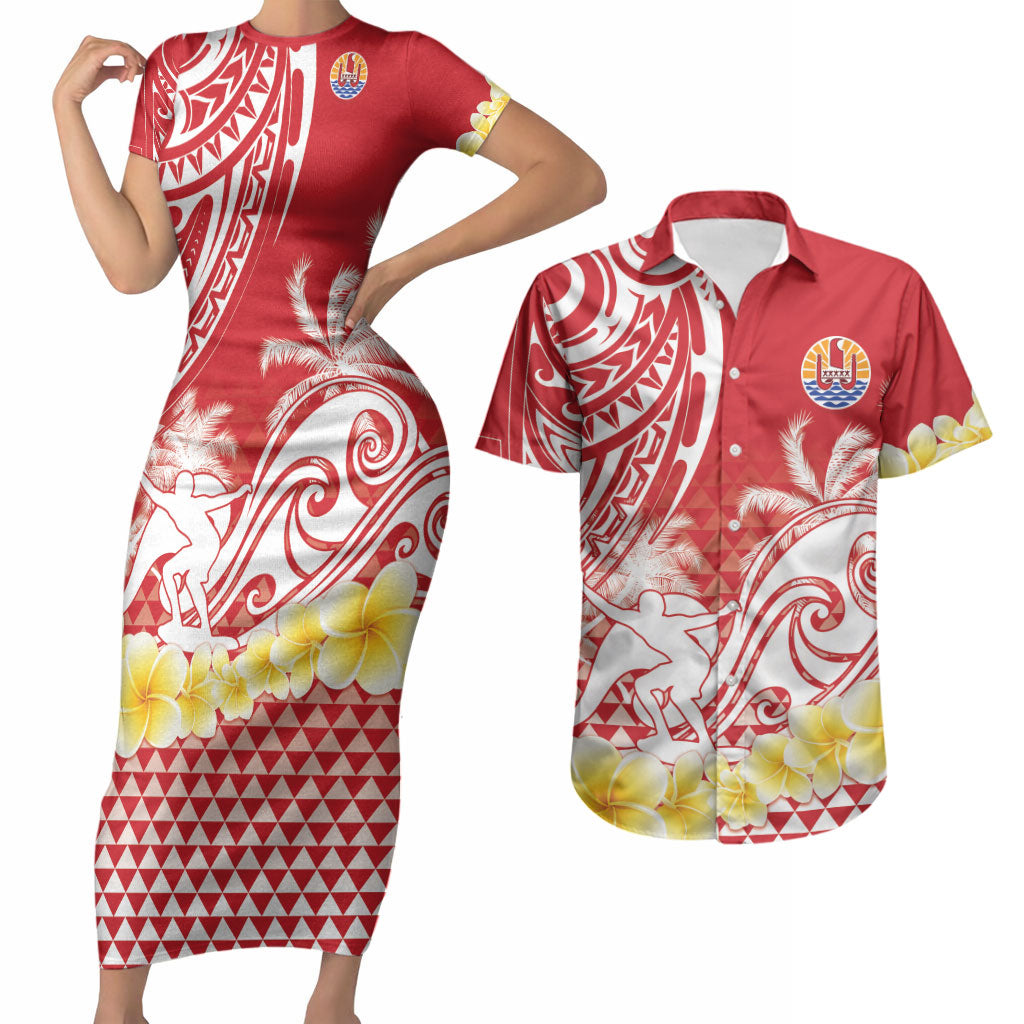 Personalised Tahiti Surfing Couples Matching Short Sleeve Bodycon Dress and Hawaiian Shirt Polynesian Style