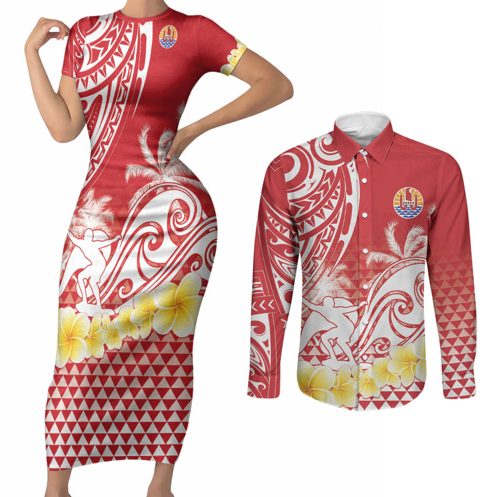 Personalised Tahiti Surfing Couples Matching Short Sleeve Bodycon Dress and Long Sleeve Button Shirt Polynesian Style