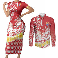 Personalised Tahiti Surfing Couples Matching Short Sleeve Bodycon Dress and Long Sleeve Button Shirt Polynesian Style
