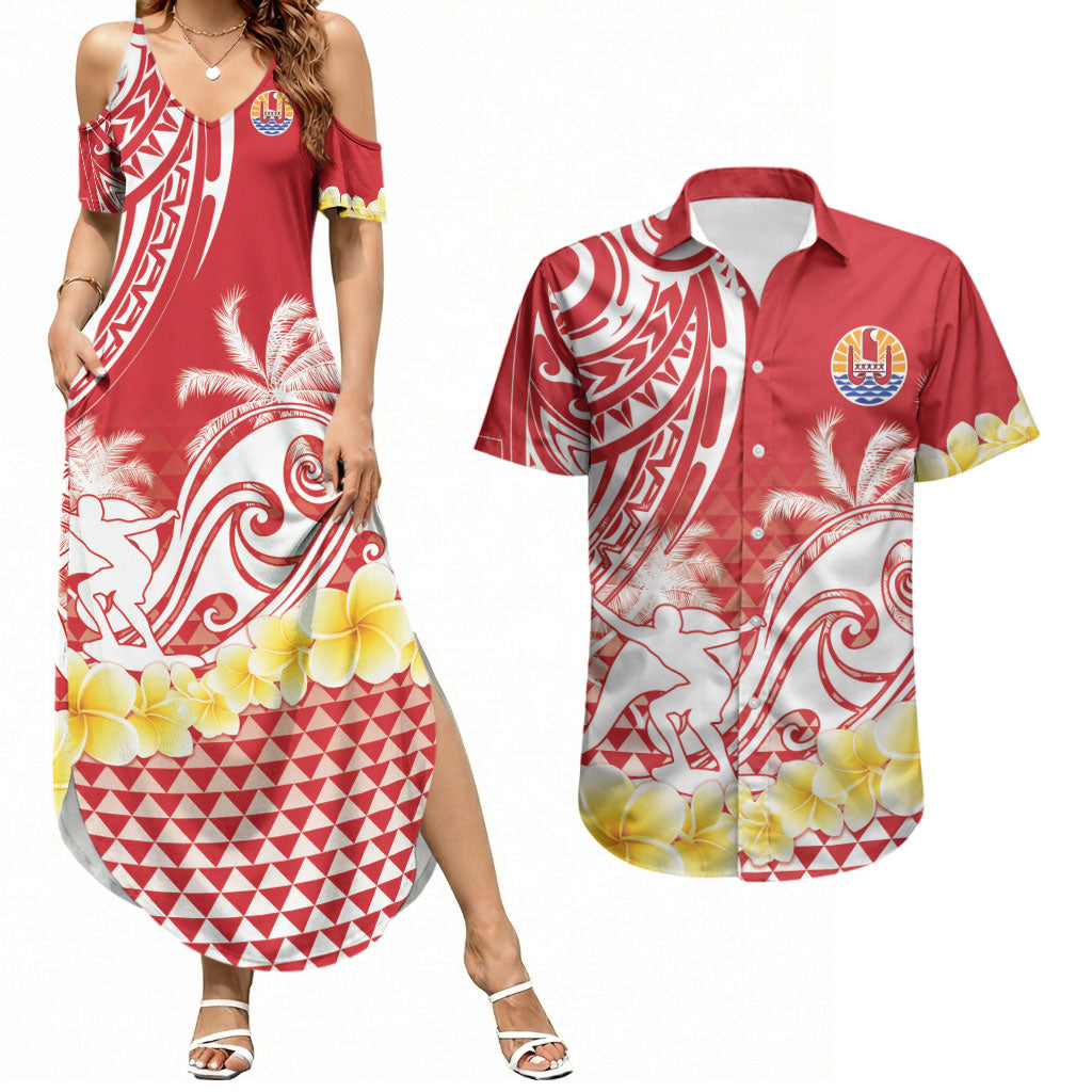 Personalised Tahiti Surfing Couples Matching Summer Maxi Dress and Hawaiian Shirt Polynesian Style