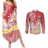 Personalised Tahiti Surfing Couples Matching Summer Maxi Dress and Long Sleeve Button Shirt Polynesian Style