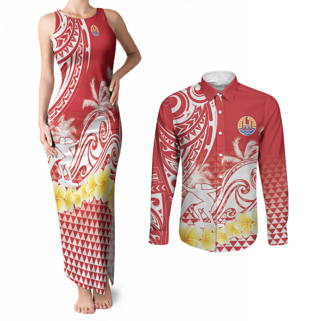 Personalised Tahiti Surfing Couples Matching Tank Maxi Dress and Long Sleeve Button Shirt Polynesian Style
