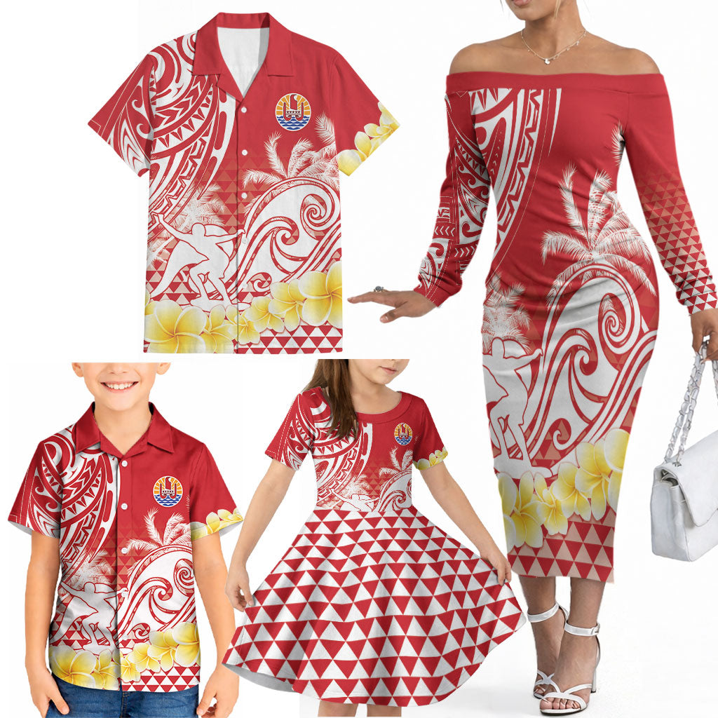 Personalised Tahiti Surfing Family Matching Off The Shoulder Long Sleeve Dress and Hawaiian Shirt Polynesian Style