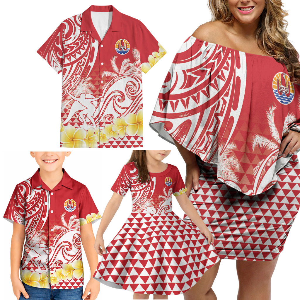 Personalised Tahiti Surfing Family Matching Off Shoulder Short Dress and Hawaiian Shirt Polynesian Style
