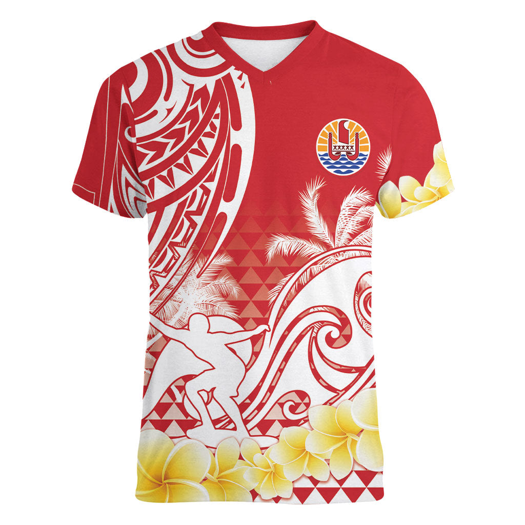Personalised Tahiti Surfing Women V-Neck T-Shirt Polynesian Style