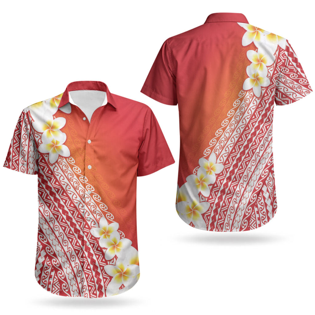 Tahiti Plumeria Tribal Pattern Couples Matching Off Shoulder Maxi Dress and Hawaiian Shirt Wave Style Red LT05 - Polynesian Pride