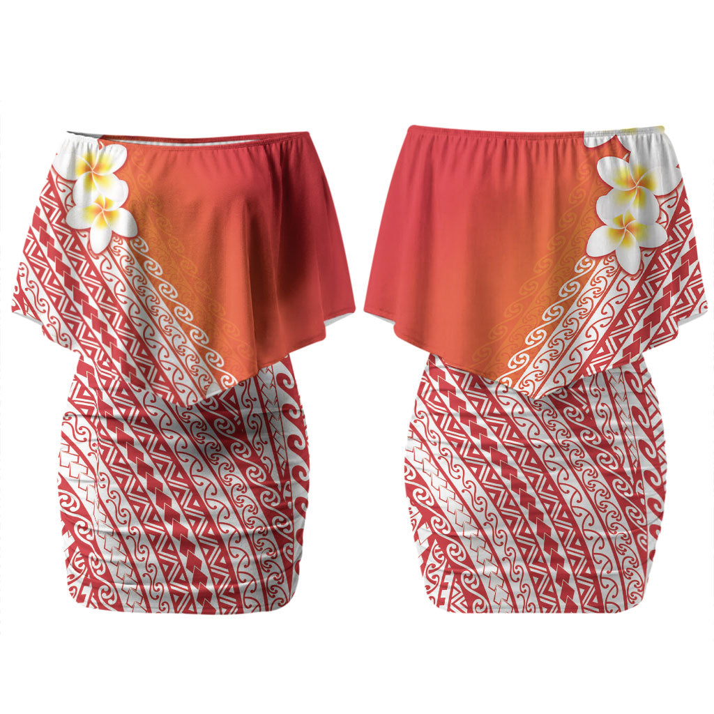 Tahiti Plumeria Tribal Pattern Couples Matching Off Shoulder Short Dress and Hawaiian Shirt Wave Style Red LT05 - Polynesian Pride