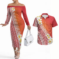 Tahiti Plumeria Tribal Pattern Couples Matching Off The Shoulder Long Sleeve Dress and Hawaiian Shirt Wave Style Red LT05 Red - Polynesian Pride