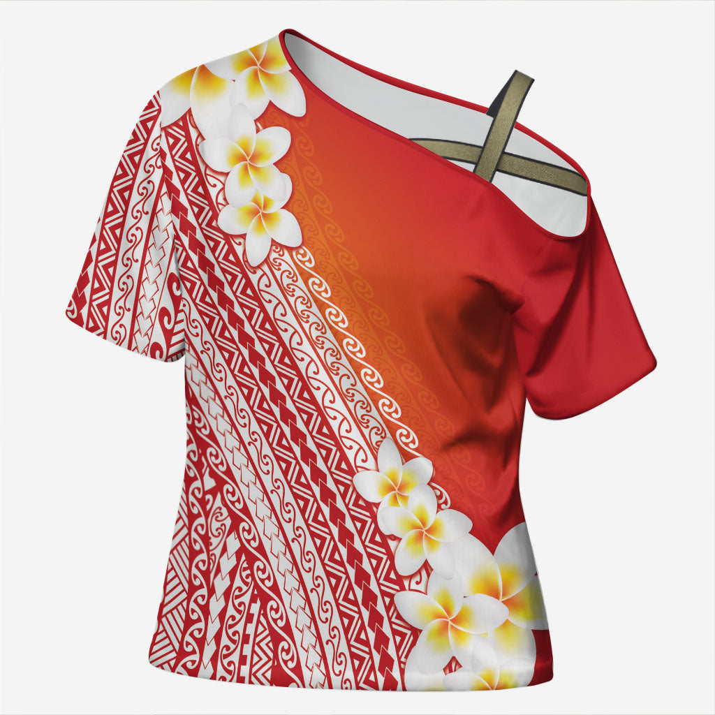 Tahiti Plumeria Tribal Pattern Cross Shoulder Shirt Wave Style Red LT05 Female Red - Polynesian Pride