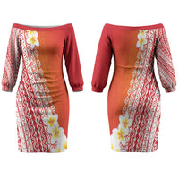 Tahiti Plumeria Tribal Pattern Family Matching Off The Shoulder Long Sleeve Dress and Hawaiian Shirt Wave Style Red LT05 Mom's Dress Red - Polynesian Pride